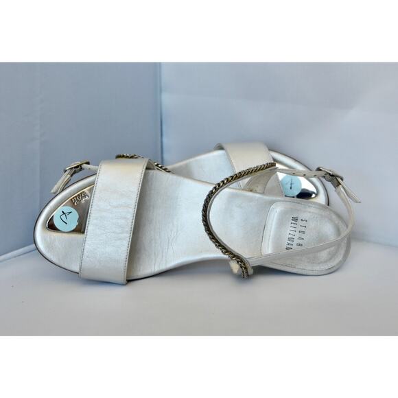 Stuart Weitzman Silver Metallic & Chain Designer Low Heel Wedge Sandal Size 6.5 - Picture 2 of 8